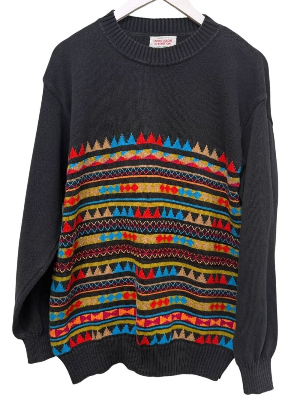 BENETTON Vintage Cotton Sweater Medium Black Aztec Design Made In Italy